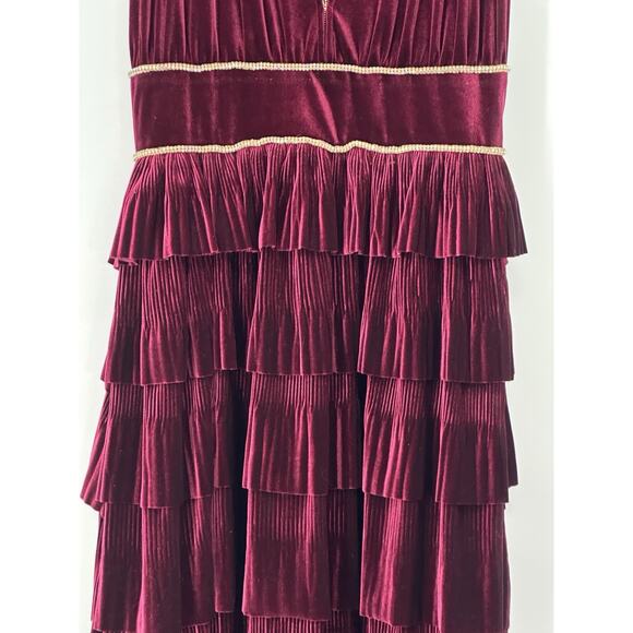 NWT Bronx & Banco Burgundy Velvet Tiered Maxi Gown XL US10 Gold Trim Pleated - Picture 6 of 16